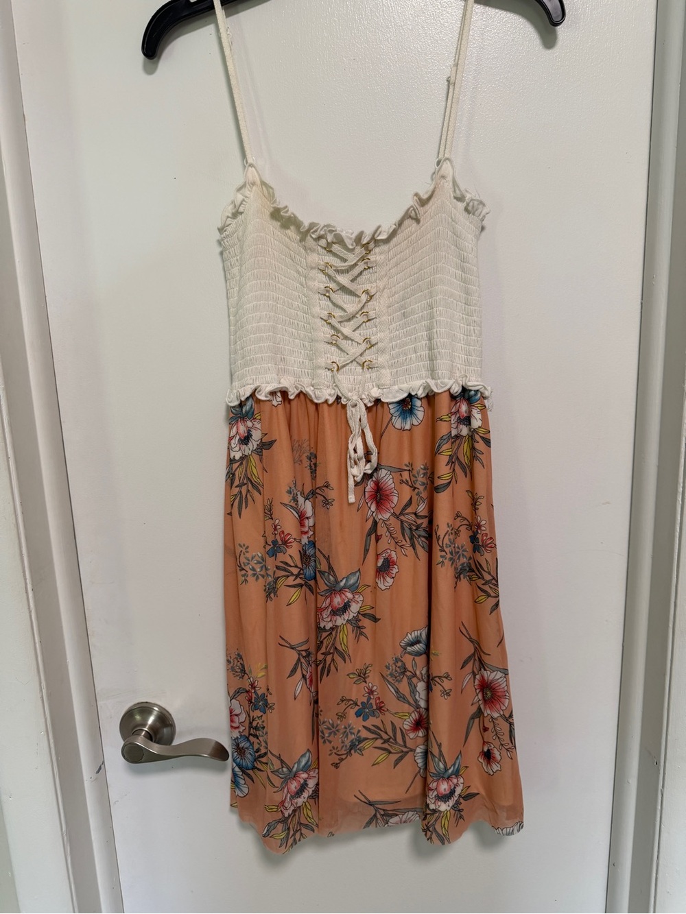 Floral Peach Midi Dress with Cream Crochet Bodice